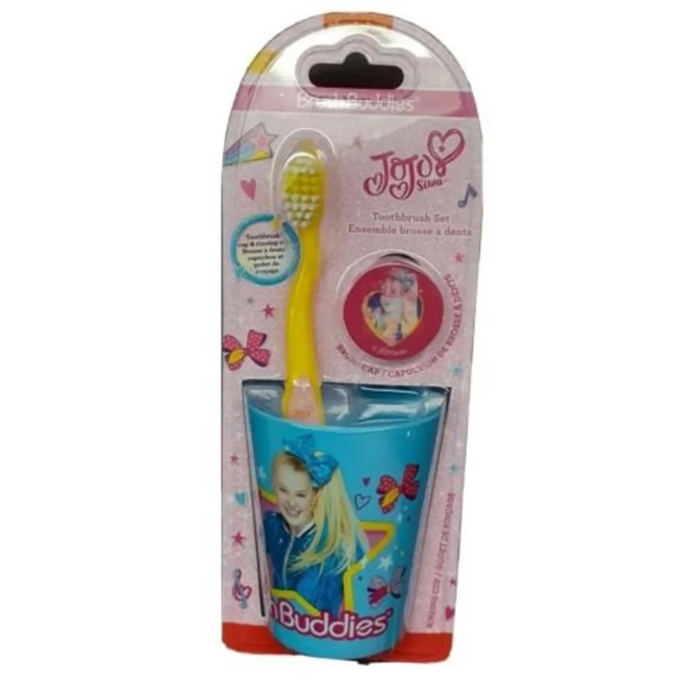 Jojo Siwa 3 Piece Toothbrush Set Holographic Cap & Rinsing Cup Blue Yellow Pink
